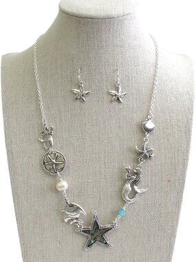 Under The Sea Theme Mermaid Fish Beach Silver Dipped Charm Necklace + Earrings